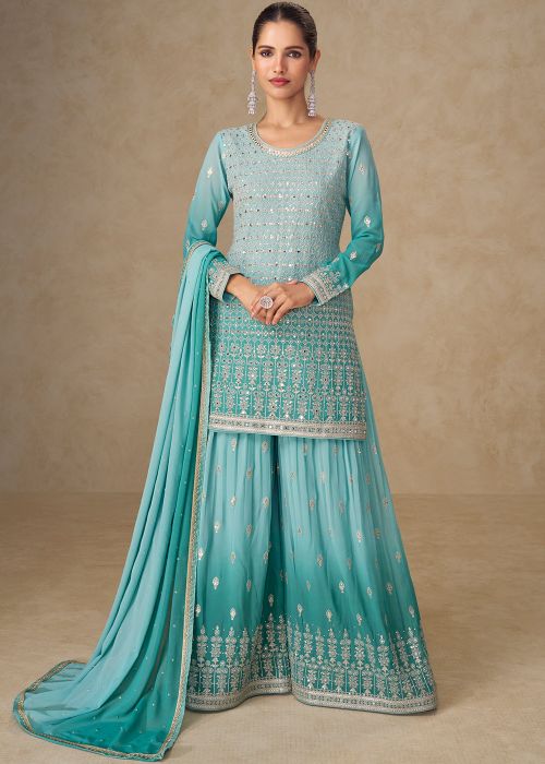 Shaded Blue Georgette Sharara Suit With Mirror Work