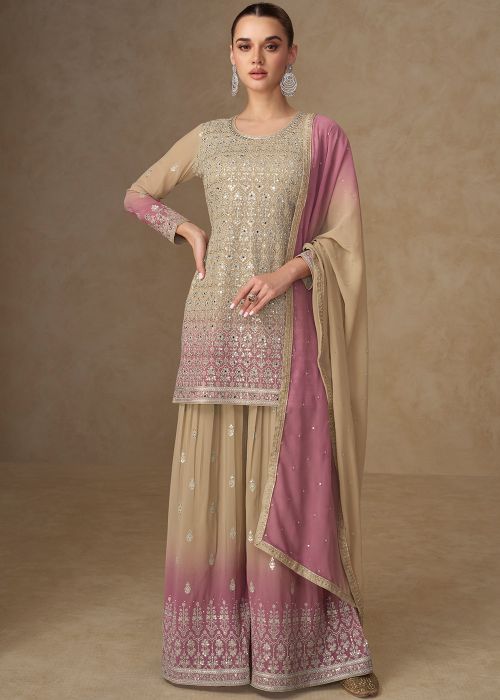 Beige & Pink Georgette Sharara Suit With Resham Work