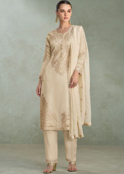 Beige Chiffon Pant Suit With Dori Sequin Work