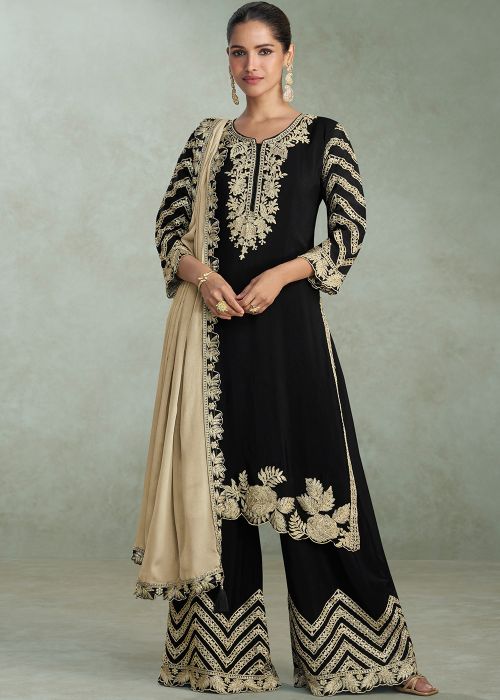 Black Chiffon Palazzo Suit With Gold Embroidery