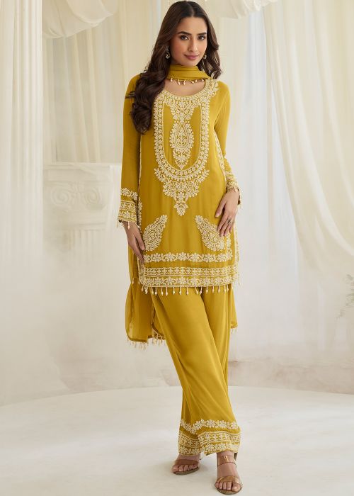 Yellow Georgette Pant Suit With Bead Detailing