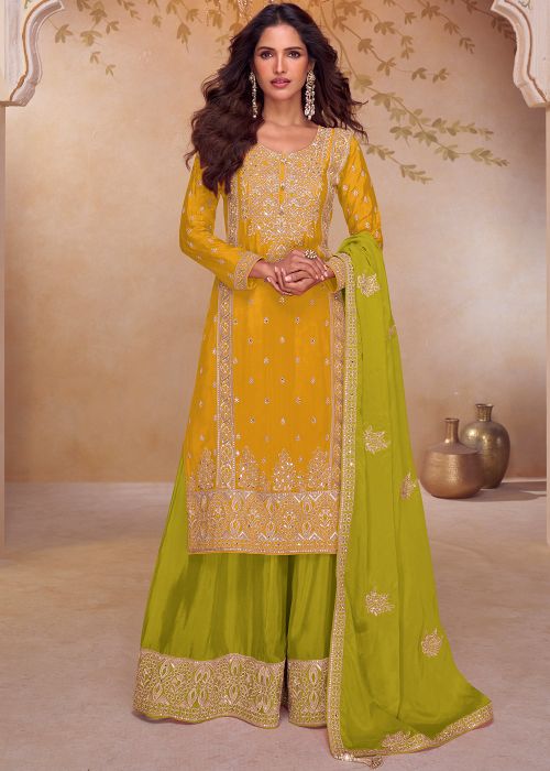 Yellow Chiffon Palazzo Suit With Sequins Work
