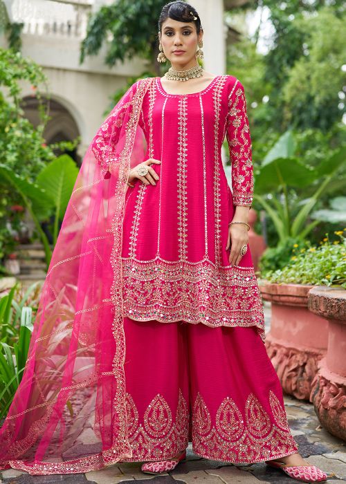 Pink Chiffon Palazzo Suit With Mirror Work