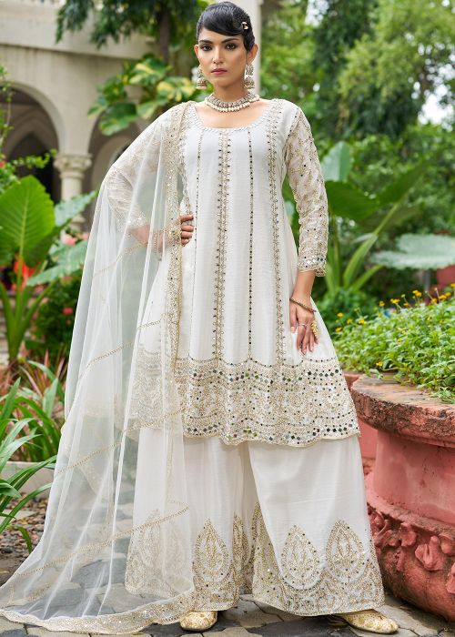 White Chiffon Palazzo Suit With Stone Embroidery
