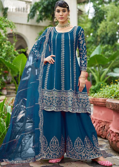 Teal Blue Chiffon Palazzo Suit With Dori Detailing