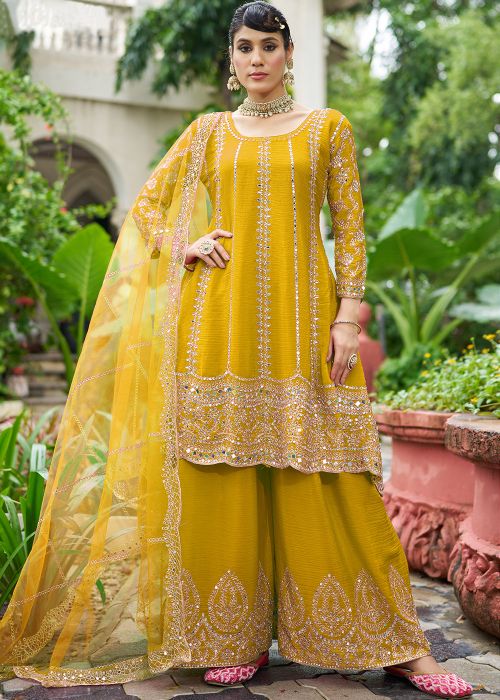 Yellow Chiffon Palazzo Suit With Mirror Work