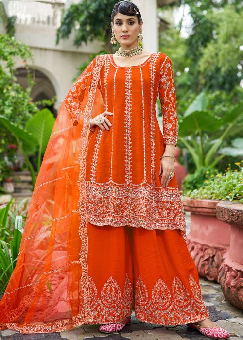 Orange Chiffon Palazzo Suit With Stone Work