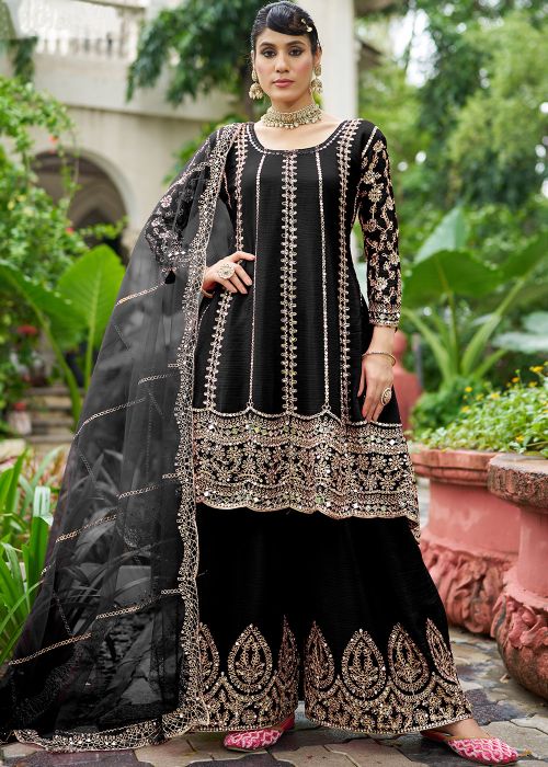 Black Chiffon Palazzo Suit With Antique Mirrors