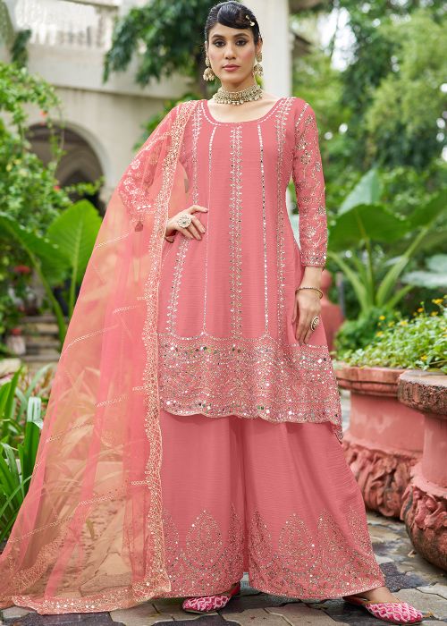 Peach Chiffon Palazzo Suit With Mirror Accents