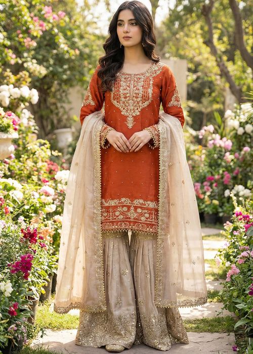 Rust Orange Organza Sharara Suit With Dori Embroidery