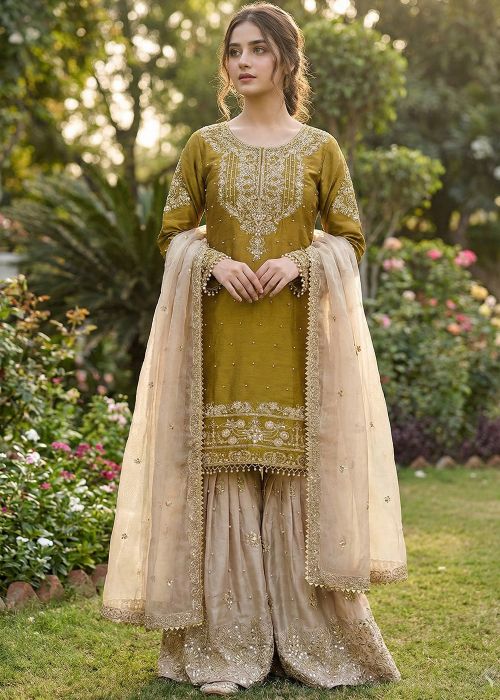 Green Organza Sharara Suit With Beads Detailing