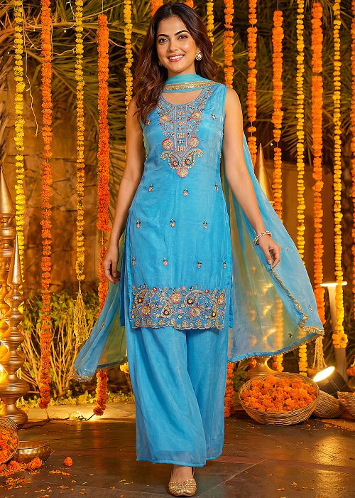 Blue Art Silk Palazzo Suit With Zari Embroidery