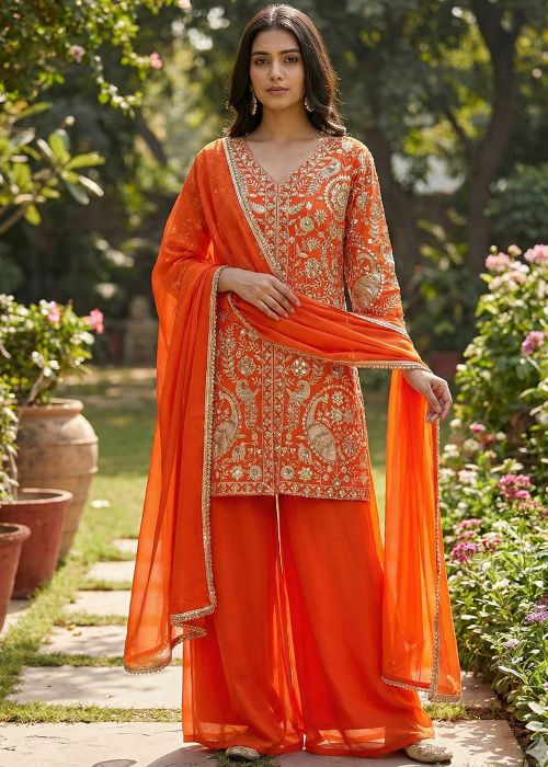 Orange Georgette Palazzo Suit With Zari Work