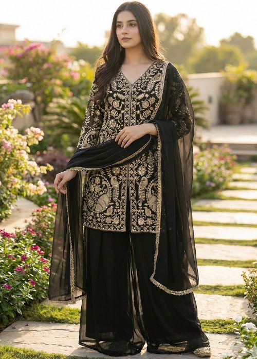 Black Georgette Palazzo Suit With Gold Embroidery
