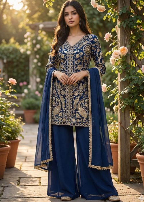 Navy Blue Georgette Palazzo Suit With Zari Work