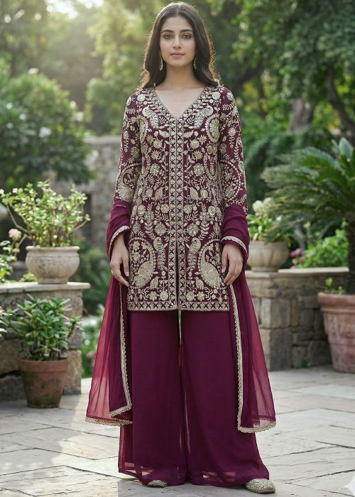 Wine Georgette Palazzo Suit With Sequin Embroidery