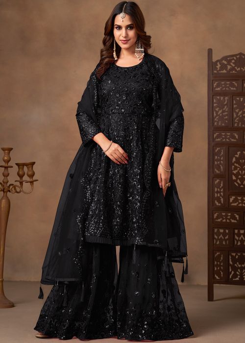 Black Net Sharara Suit With Embellished Sequins
