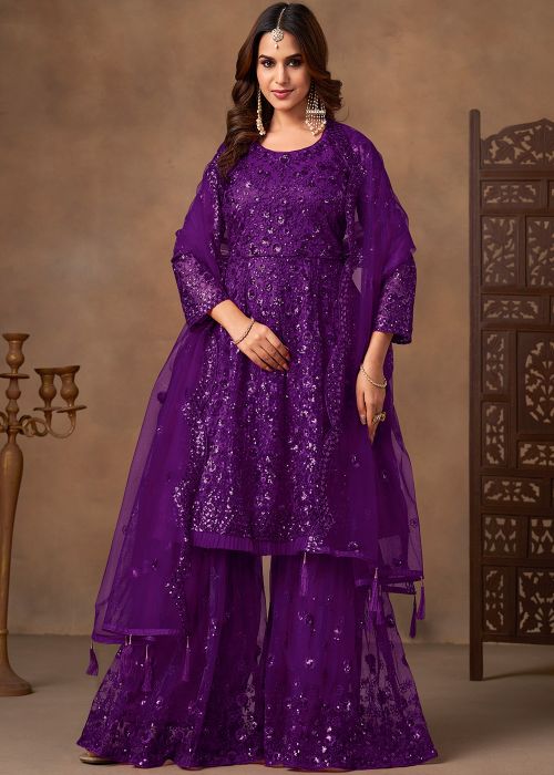 Purple Net Sharara Suit With Floral Sequin Work
