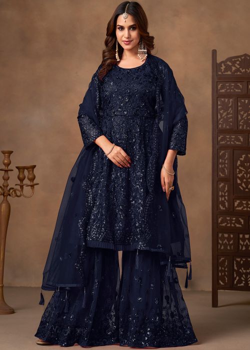 Navy Blue Net Sharara Suit With Sequin Embroidery