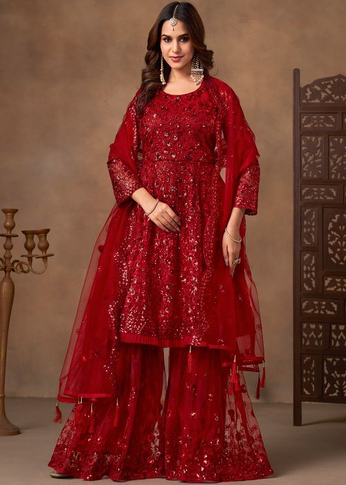 Red Net Sharara Suit With Sequin Work