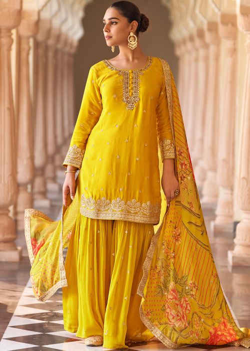 Yellow Silk Ghaara Suit With Gota Patti Detail