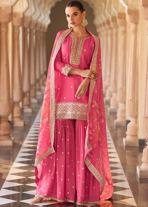 Pink Silk Sharara Suit With Embroidered Details