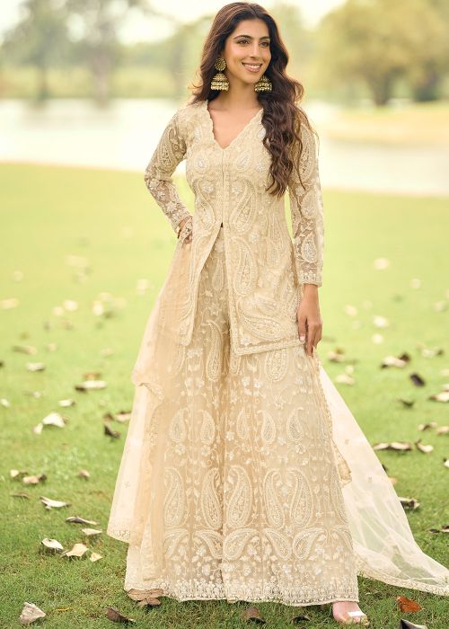 Cream Net Palazzo Suit With Floral Detailing