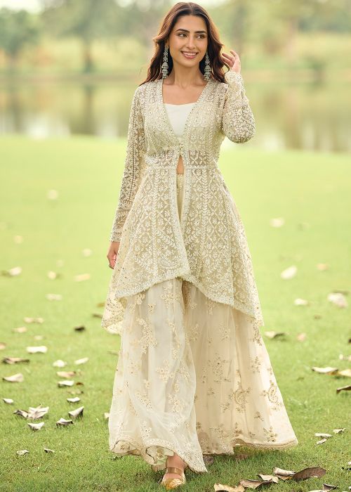 Off White Sharara Suit With Stone Embellishment