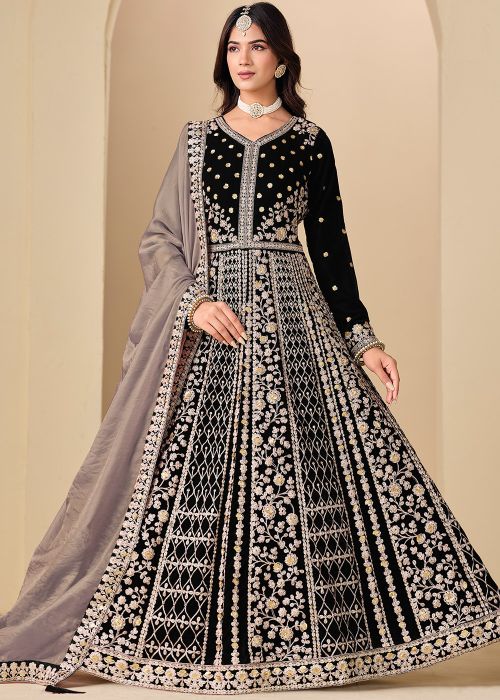 Black Velvet Anarkali Suit With Dori Embroidery