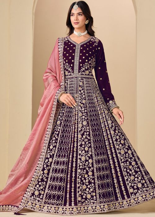 Purple Velvet Anarkali Suit With Dori Detailing