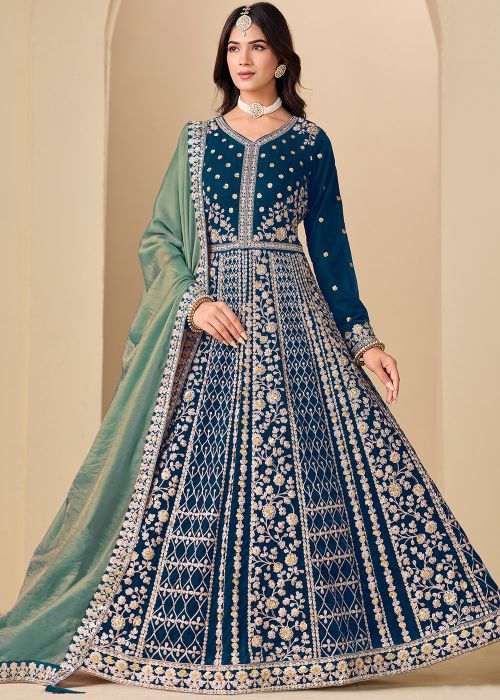 Teal Blue Velvet Anarkali Suit With Dori Accents