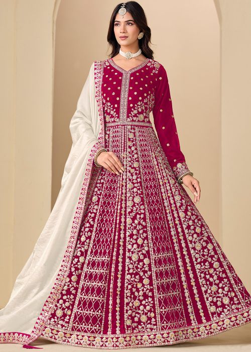 Pink Velvet Anarkali Suit With Dori Work