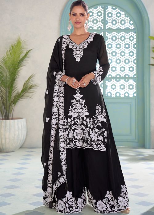 Black Chiffon Palazzo Suit With White Embroidery