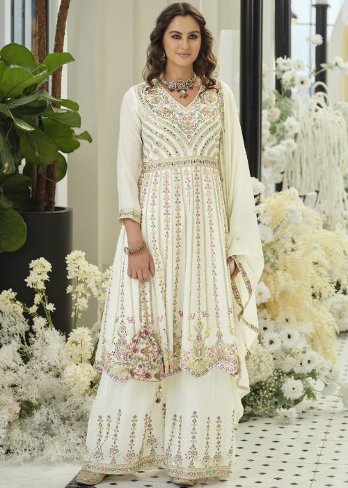 White Chiffon Palazzo Suit With Floral Embroidery