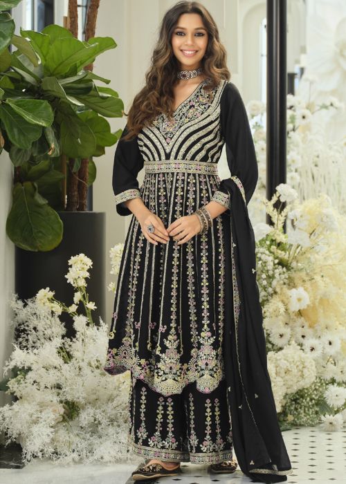 Black Chiffon Palazzo Suit With Intricate Embroidery