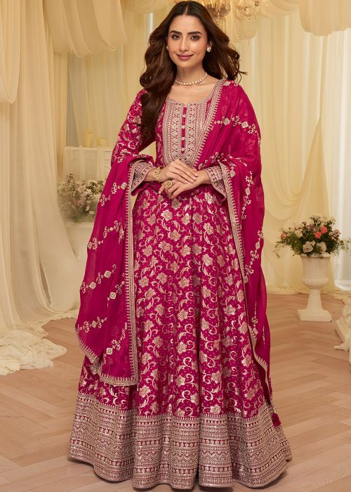 Pink Viscose Anarkali Suit With Zari Motifs