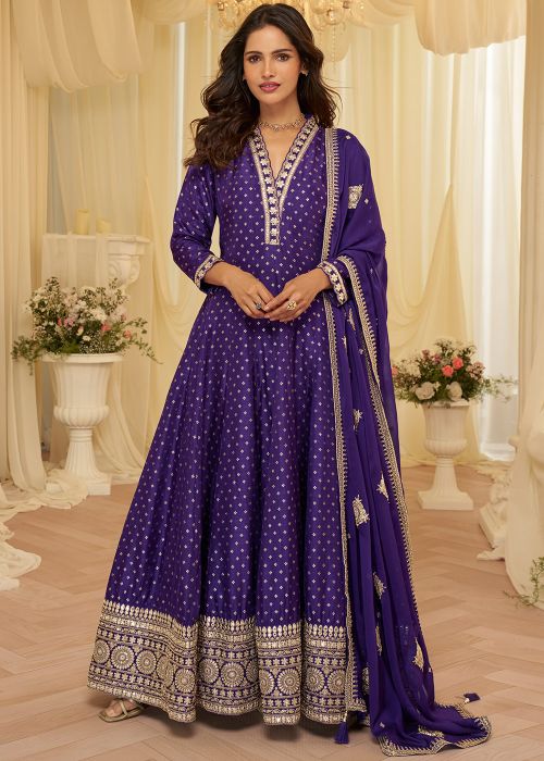Purple Viscose Anarkali Suit With Sequins Trim