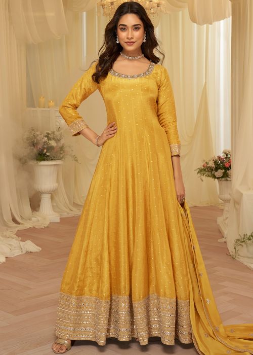 Yellow Viscose Anarkali Suit With Woven Zari