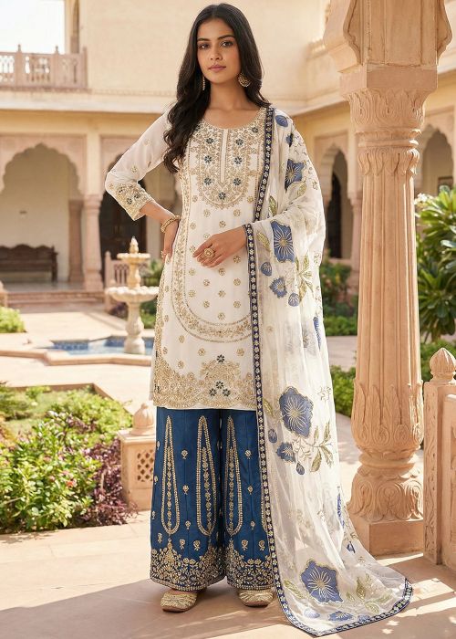 White Art Silk Palazzo Suit With Zari Work