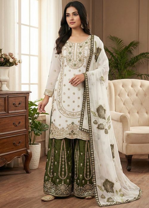 White Art Silk Palazzo Suit With Zari Detailing