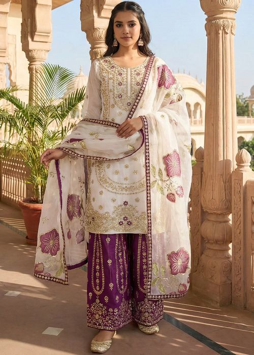White Art Silk Palazzo Suit With Floral Dupatta