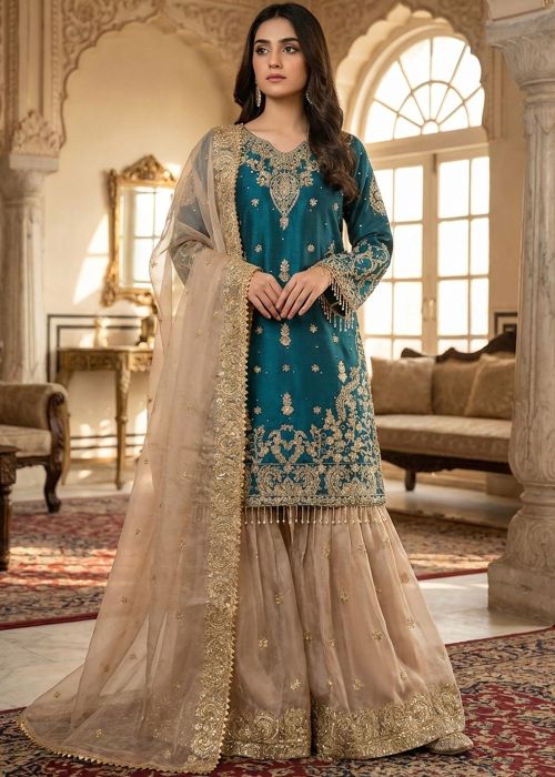 Teal Blue Art Silk Sharara Suit With Gold Embroidery