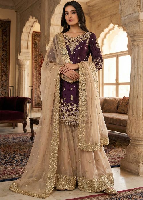 Purple Art Silk Sharara Suit With Dori Work