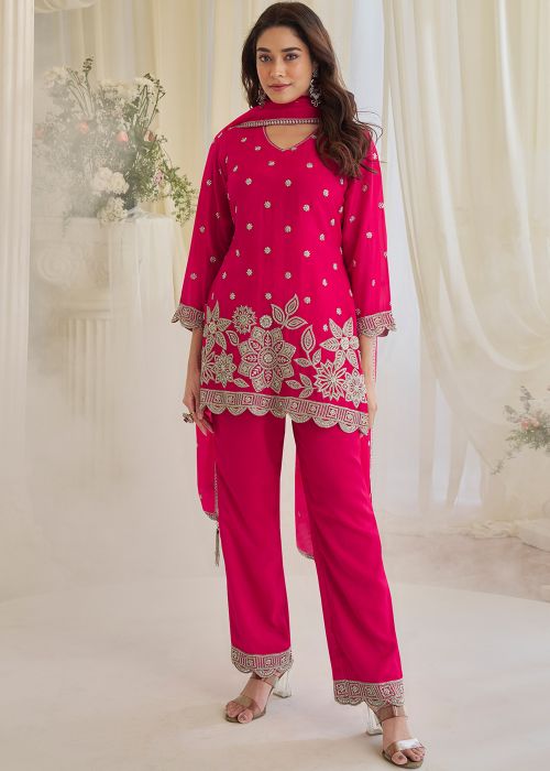 Pink Chiffon Pant Suit With Bead Embellishment