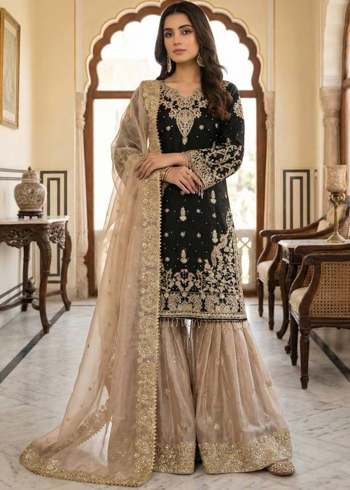 Black Art Silk Sharara Suit With Beaded Embroidery