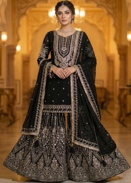 Black Georgette Gharara Suit With Silver Detailing
