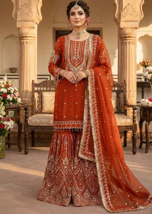 Rust Orange Georgette Gharara Suit With Thread Work
