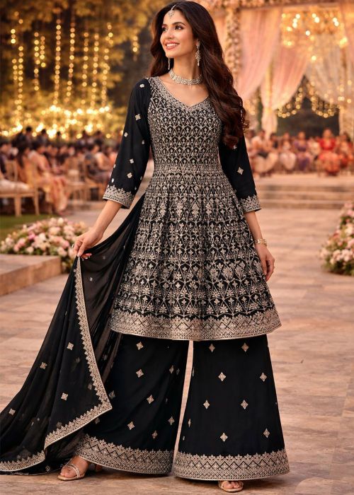 Black Georgette Palazzo Suit With Silver Embroidery