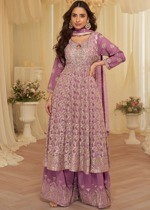 Lavender Georgette Sharara Suit With Zari Work