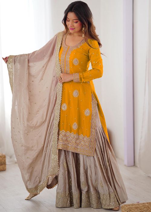 Mustard Yellow Chiffon Sharara Suit With Dori Embroidery